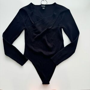 BOOHOO Black Ribbed Chest Cross Cutout Bodysuit‎ Size Large